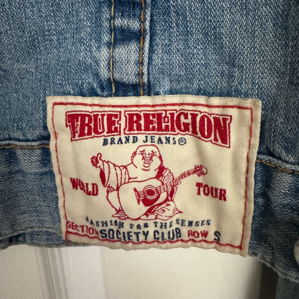 True Religion Blue Denim Jacket with Colorful Patches - Picture 10 of 10